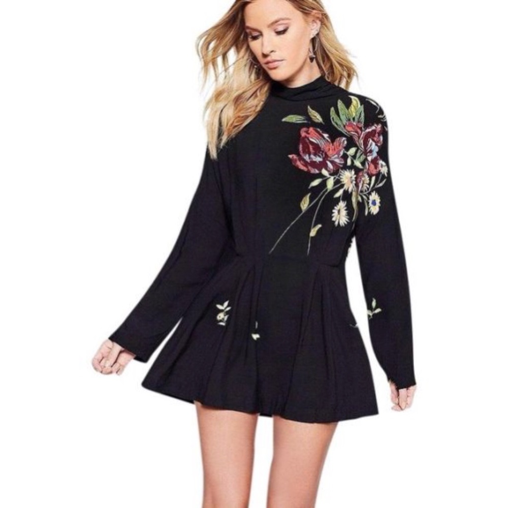 Free People GEMMA Floral open tie back mini dress tunic black New Without Tags